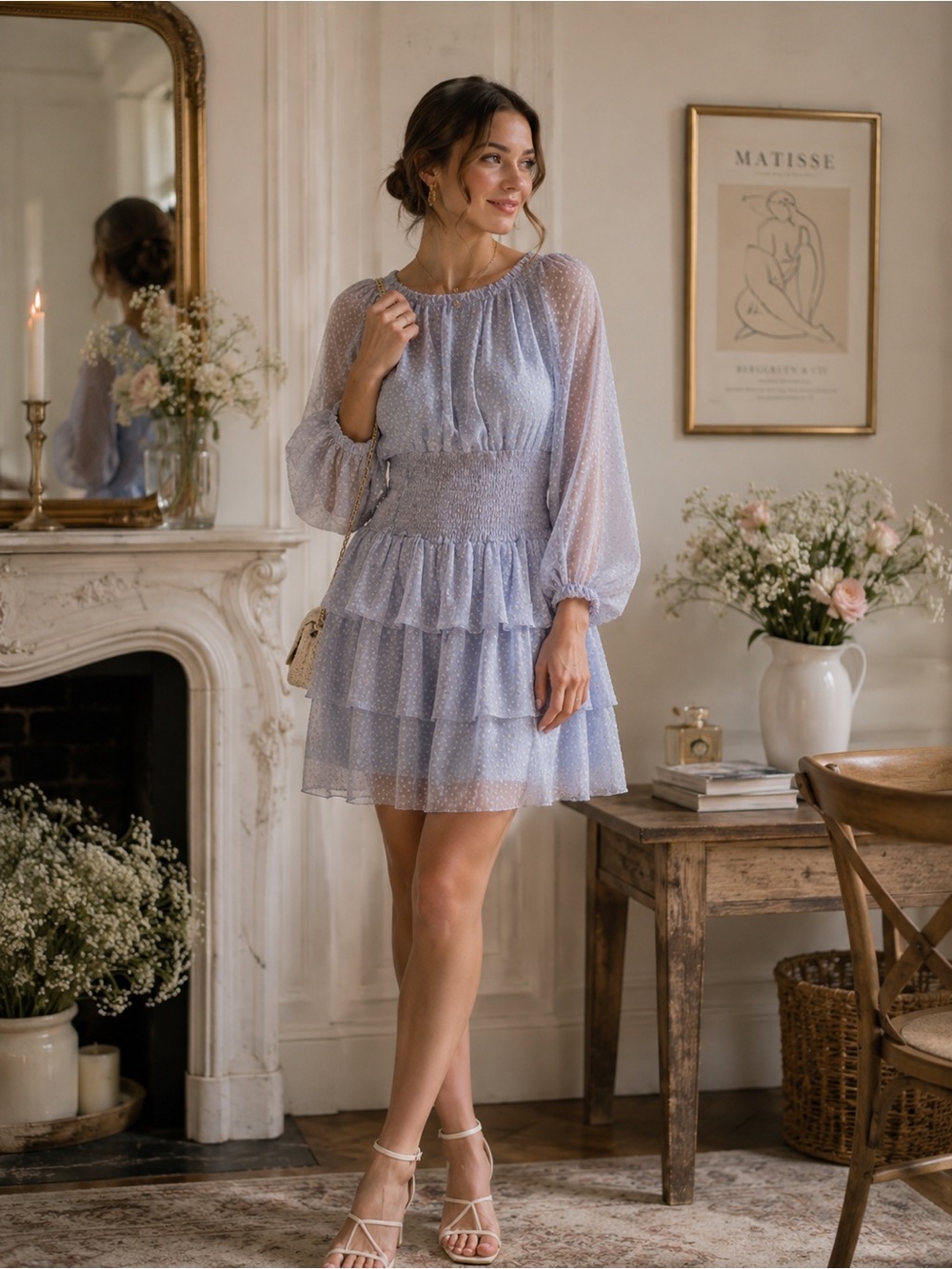 French Connection Blue Floral Smocked Mini Dress M Wedding Guest Coquette Ruffle